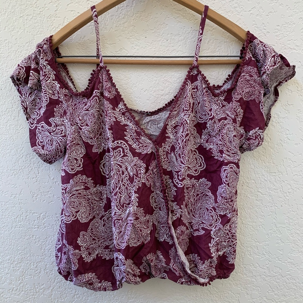 Floral Maroon Off the Shoulder Shirt Size Large